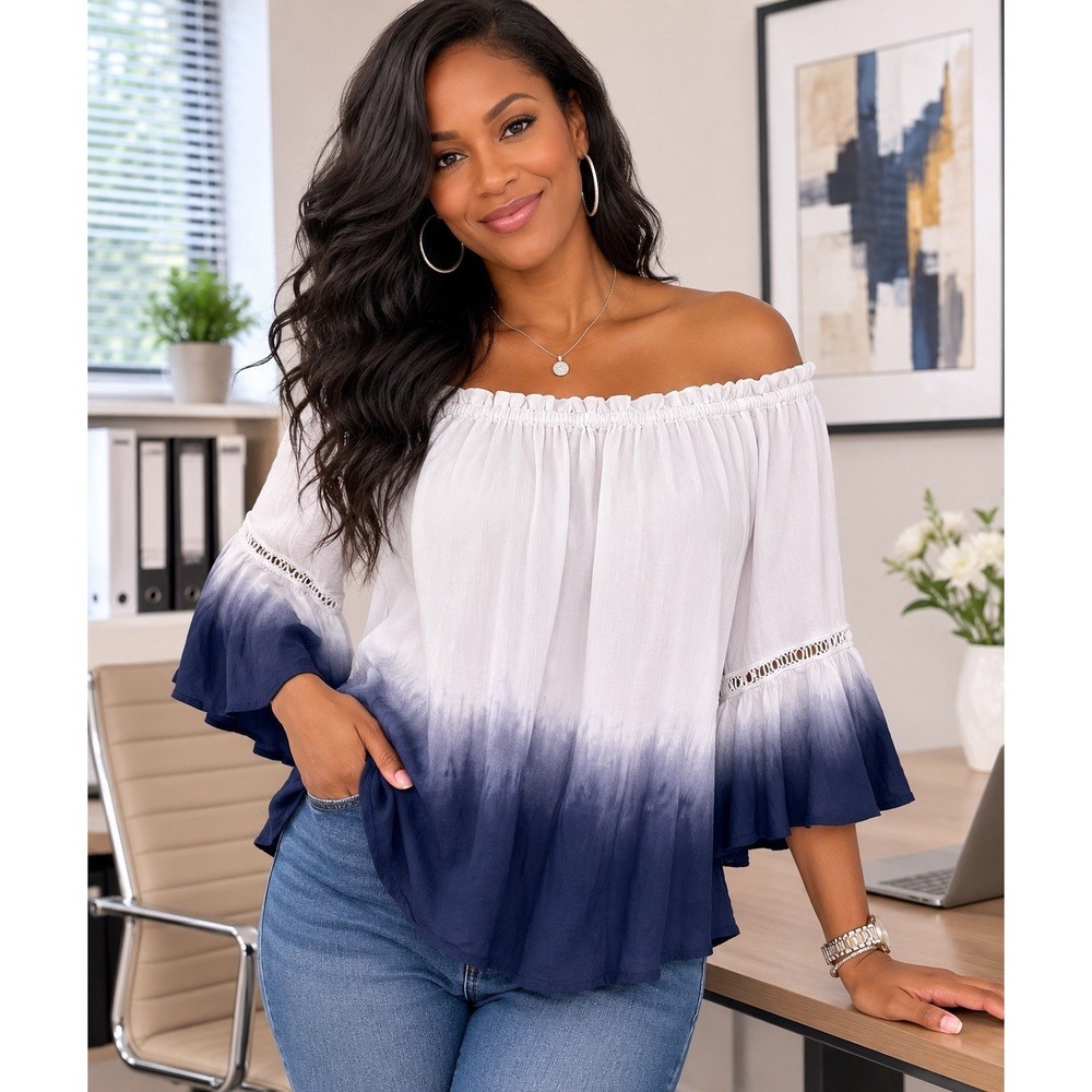 Premise Women's Off Shoulder Ombre Peasant Blouse White Blue Cotton Size S Boho